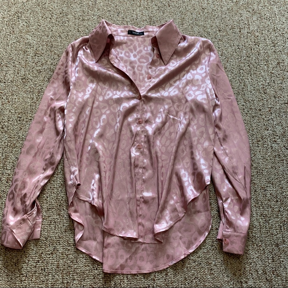 Satin Pink Cheetah Print Button Up